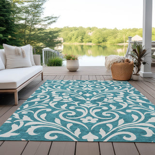 Piper Looms Chantille Floral ACN875 Teal Machine Washable Area Rug Outdoor Lifestyle Image Feature