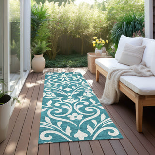 Piper Looms Chantille Floral ACN875 Teal Machine Washable Area Rug Runner Outdoor Lifestyle Image Feature
