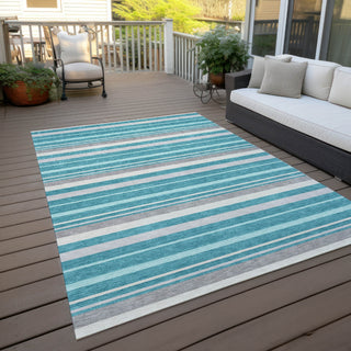 Piper Looms Chantille Stripes ACN879 Teal Machine Washable Area Rug Outdoor Lifestyle Image Feature