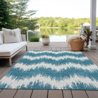 Piper Looms Chantille Chevron ACN880 Teal Machine Washable Area Rug Outdoor Lifestyle Image Feature