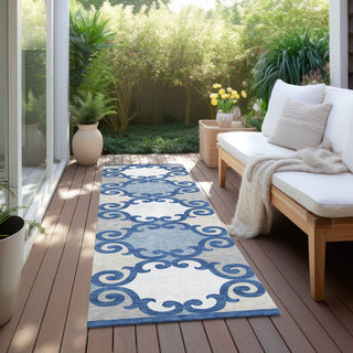 Piper Looms Chantille Scrolls ACN883 Navy Machine Washable Area Rug Runner Outdoor Lifestyle Image Feature