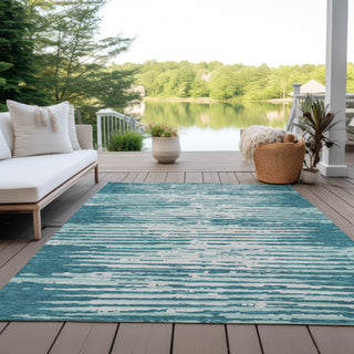 Piper Looms Chantille Stripes ACN888 Teal Machine Washable Area Rug Outdoor Lifestyle Image Feature