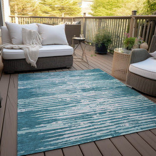 Piper Looms Chantille Stripes ACN888 Teal Machine Washable Area Rug Outdoor Lifestyle Image Feature