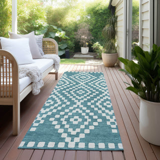 Piper Looms Chantille Diamonds ACN891 Teal Machine Washable Area Rug Runner Outdoor Lifestyle Image Feature