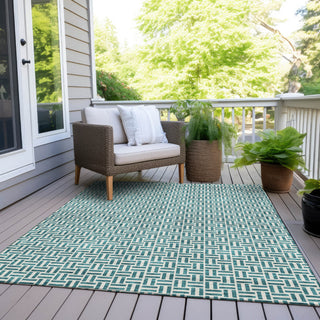 Piper Looms Chantille Geometric ACN911 Teal Machine Washable Area Rug Outdoor Lifestyle Image Feature