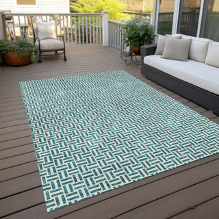 Piper Looms Chantille Geometric ACN911 Teal Machine Washable Area Rug Outdoor Lifestyle Image Feature