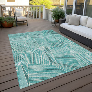 Piper Looms Chantille Geometric ACN915 Teal Machine Washable Area Rug Outdoor Lifestyle Image Feature
