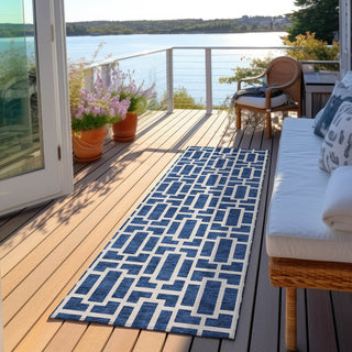 Piper Looms Chantille Geometric ACN916 Navy Machine Washable Area Rug Runner Outdoor Lifestyle Image Feature