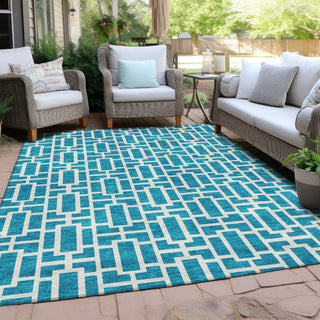 Piper Looms Chantille Geometric ACN916 Turquoise Machine Washable Area Rug Outdoor Lifestyle Image Feature