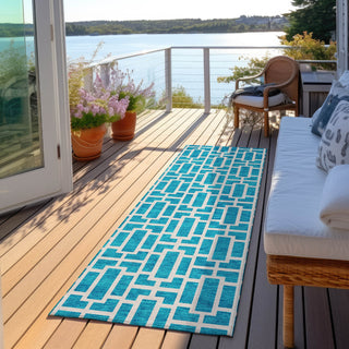 Piper Looms Chantille Geometric ACN916 Turquoise Machine Washable Area Rug Runner Outdoor Lifestyle Image Feature