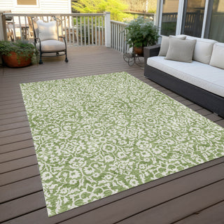 Piper Looms Chantille Damask ACN920 Green Machine Washable Area Rug Outdoor Lifestyle Image Feature