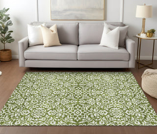 Piper Looms Chantille Damask ACN920 Olive Machine Washable Area Rug Lifestyle Image Feature