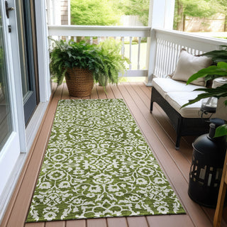 Piper Looms Chantille Damask ACN920 Olive Machine Washable Area Rug Runner Outdoor Lifestyle Image Feature