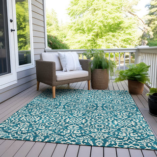 Piper Looms Chantille Damask ACN920 Teal Machine Washable Area Rug Outdoor Lifestyle Image Feature