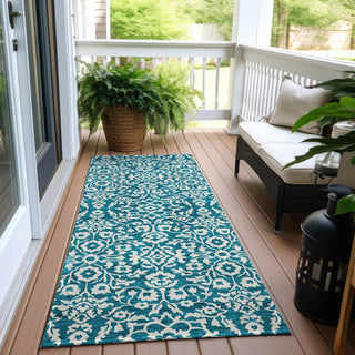 Piper Looms Chantille Damask ACN920 Teal Machine Washable Area Rug Runner Outdoor Lifestyle Image Feature