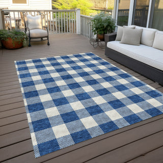 Piper Looms Chantille Plaid ACN923 Navy Machine Washable Area Rug Outdoor Lifestyle Image Feature