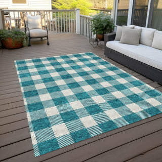 Piper Looms Chantille Plaid ACN923 Teal Machine Washable Area Rug Outdoor Lifestyle Image Feature