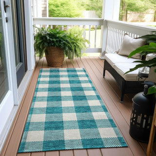 Piper Looms Chantille Plaid ACN923 Teal Machine Washable Area Rug Runner Outdoor Lifestyle Image Feature