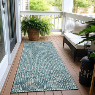 Piper Looms Chantille Geometric ACN926 Teal Machine Washable Area Rug Runner Outdoor Lifestyle Image Feature