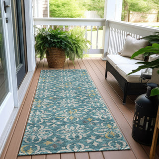 Piper Looms Chantille Floral ACN930 Teal Machine Washable Area Rug Runner Outdoor Lifestyle Image Feature