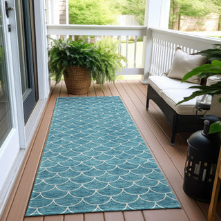 Piper Looms Chantille Geometric ACN933 Teal Machine Washable Area Rug Runner Outdoor Lifestyle Image Feature