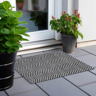 Piper Looms Chantille Chevron ACN934 Black Machine Washable Area Rug Scatter Outdoor Lifestyle Image Feature