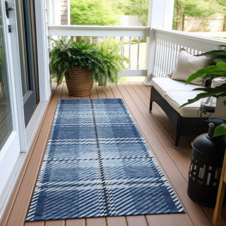 Piper Looms Chantille Plaid ACN935 Navy Machine Washable Area Rug Runner Outdoor Lifestyle Image Feature