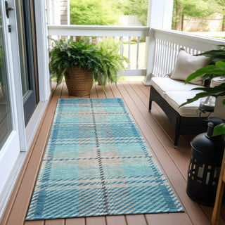 Piper Looms Chantille Plaid ACN935 Teal Machine Washable Area Rug Runner Outdoor Lifestyle Image Feature