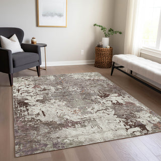 Piper Looms Chantille Damask ACN936 Taupe Machine Washable Area Rug Lifestyle Image Feature