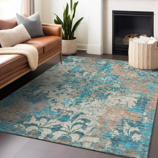 Piper Looms Chantille Damask ACN936 Teal Machine Washable Area Rug Lifestyle Image Feature
