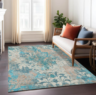 Piper Looms Chantille Damask ACN936 Teal Machine Washable Area Rug Lifestyle Image Feature