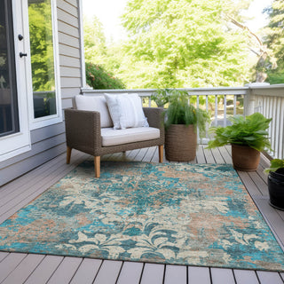 Piper Looms Chantille Damask ACN936 Teal Machine Washable Area Rug Outdoor Lifestyle Image Feature