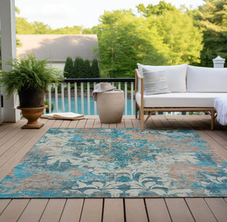 Piper Looms Chantille Damask ACN936 Teal Machine Washable Area Rug Outdoor Lifestyle Image Feature