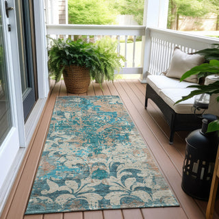 Piper Looms Chantille Damask ACN936 Teal Machine Washable Area Rug Runner Outdoor Lifestyle Image Feature