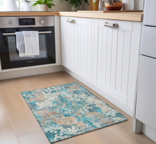Piper Looms Chantille Damask ACN936 Teal Machine Washable Area Rug Scatter Lifestyle Image Feature