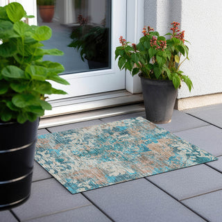 Piper Looms Chantille Damask ACN936 Teal Machine Washable Area Rug Scatter Outdoor Lifestyle Image Feature