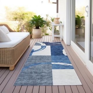 Piper Looms Chantille Geometric ACN943 Blue Machine Washable Area Rug Runner Outdoor Lifestyle Image Feature