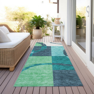 Piper Looms Chantille Geometric ACN943 Teal Machine Washable Area Rug Runner Outdoor Lifestyle Image Feature