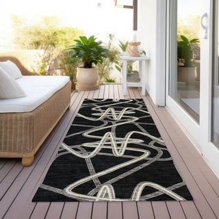 Piper Looms Chantille Geometric ACN947 Black Machine Washable Area Rug Runner Outdoor Lifestyle Image Feature