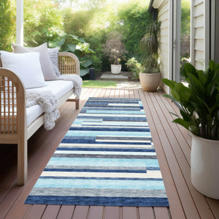 Piper Looms Chantille Stripes ACN956 Blue Machine Washable Area Rug Runner Outdoor Lifestyle Image Feature