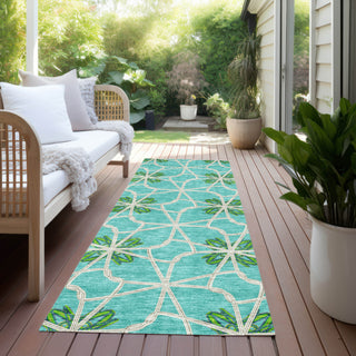 Piper Looms Chantille Geometric ACN958 Aqua Machine Washable Area Rug Runner Outdoor Lifestyle Image Feature