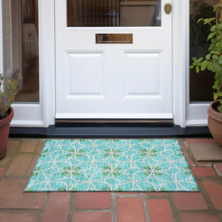 Piper Looms Chantille Geometric ACN958 Aqua Machine Washable Area Rug Scatter Outdoor Lifestyle Image Feature
