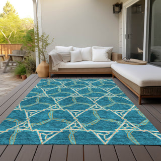 Piper Looms Chantille Geometric ACN959 Teal Machine Washable Area Rug Outdoor Lifestyle Image Feature