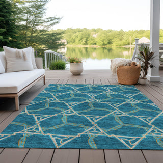 Piper Looms Chantille Geometric ACN959 Teal Machine Washable Area Rug Outdoor Lifestyle Image Feature