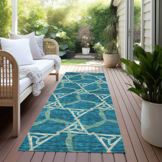 Piper Looms Chantille Geometric ACN959 Teal Machine Washable Area Rug Runner Outdoor Lifestyle Image Feature