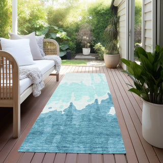 Piper Looms Chantille Abstract ACN961 Teal Machine Washable Area Rug Runner Outdoor Lifestyle Image Feature