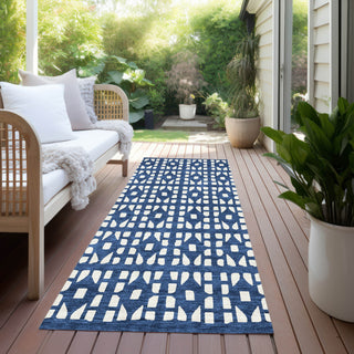 Piper Looms Chantille Geometric ACN963 Navy Machine Washable Area Rug Runner Outdoor Lifestyle Image Feature