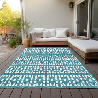 Piper Looms Chantille Geometric ACN963 Teal Machine Washable Area Rug Outdoor Lifestyle Image Feature