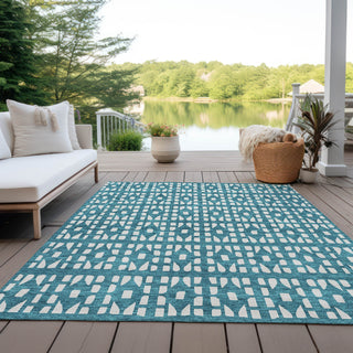 Piper Looms Chantille Geometric ACN963 Teal Machine Washable Area Rug Outdoor Lifestyle Image Feature