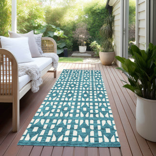 Piper Looms Chantille Geometric ACN963 Teal Machine Washable Area Rug Runner Outdoor Lifestyle Image Feature